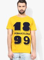 FC Barcelona Mustard Yellow Printed Round Neck T-Shirts