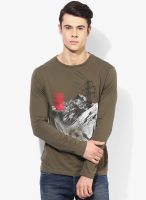 Gas Olive Printed Round Neck T-Shirt