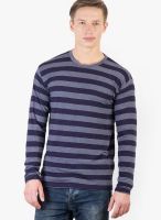 Hypernation Navy Blue Striped Round Neck T-Shirt