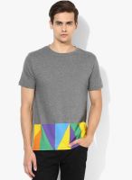 Incult Charcoal & Multi Colour Triangle Hem Printed Round Neck T-Shirt