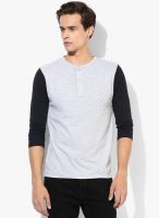 Incult Light Grey Marl & Navy Raglan Plain Henley 3/4 Sleeve T-Shirt