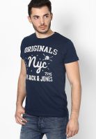 Jack & Jones Blue Printed Round Neck T-Shirts