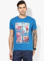 Jack & Jones Blue Printed Slim Fit Round Neck T-Shirt