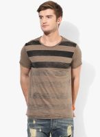 Jack & Jones Brown Striped Slim Fit Round Neck T-Shirt