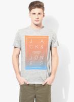 Jack & Jones Grey Milange Graphic Round Neck T-Shirts