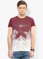 Jack & Jones Maroon Printed Round Neck T-Shirt