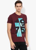 Jack & Jones Maroon Printed Round Neck T-Shirt