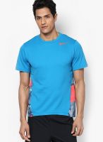 Nike Aqua Blue Solid Round Neck T-Shirts