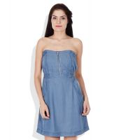 ONLY Blue Solid Tube Shift Dress