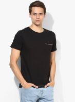 Phosphorus Solid Black Round Neck T-Shirt With Contrast Stitching Detail