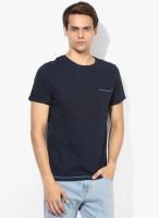 Phosphorus Solid Navy Round Neck T-Shirt With Contrast Stitching Detail