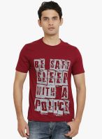 Police Maroon Printed Round Neck T-Shirt