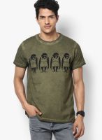 Riot Jeans Olive Printed Round Neck T-Shirts