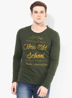 Sisley Olive Printed Round Neck T-Shirt