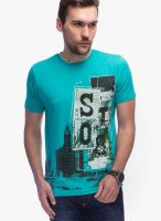 Slub Aqua Blue Printed Round Neck T-Shirts