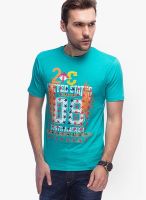 Slub Aqua Blue Printed Round Neck T-Shirts