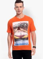 Tab91 Orange Printed Round Neck T-Shirts