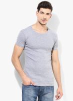 Tagd New York Grey Milange Solid Round Neck T-Shirts