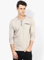 Tom Tailor Beige Solid Henley Neck T-Shirt