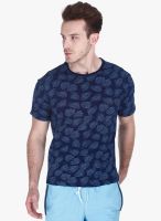 Zobello Navy Blue Printed Round Neck T-Shirt