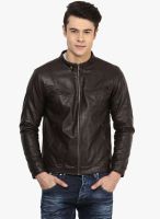Atorse Brown Solid Leather Jacket