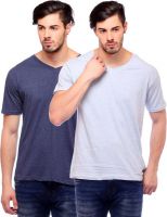 Blackburne Inc Self Design Men's V-neck Grey, Blue T-Shirt(Pack of 2)