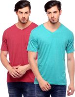 Blackburne Inc Self Design Men's V-neck Red, Light Green T-Shirt(Pack of 2)