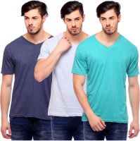 Blackburne Inc Self Design Men's V-neck Blue, Grey, Light Green T-Shirt(Pack of 3)