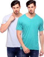 Blackburne Inc Self Design Men's V-neck Light Green, Grey T-Shirt(Pack of 2)