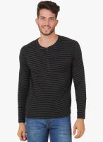 Cherymoya Black Striped Henley Neck T-Shirt