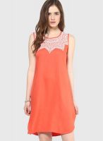 Global Desi Orange Colored Embroidered Shift Dress