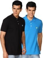 Provogue Solid Men's Polo Neck Black, Blue T-Shirt(Pack of 2)