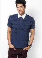 Riot Jeans Navy Blue Printed Polo T-Shirts