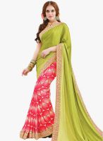 Admyrin Green And Pink Georgette Crepe Jacquard Lace Border Saree