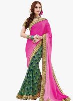 Admyrin Pink And Green Georgette Crepe Jacquard Lace Border Saree