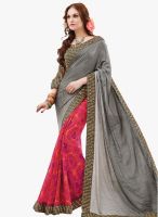 Admyrin Pink And Grey Georgette Crepe Jacquard Lace Border Saree