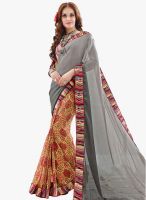 Admyrin Yellow And Grey Georgette Crepe Jacquard Lace Border Saree