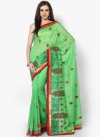 Avishi Green Solid Cotton Blend Saree