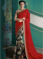 Inddus Attractive Red N Black Tussar Silk Printed Saree