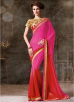 Inddus Pink Georgette Embroidered Solid Saree