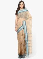 Mmantra Beige Striped Cotton Saree