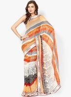 Mrignain Orange Printed Poly Chiffon Saree