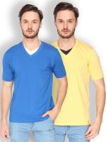 Campus Sutra Solid Men's V-neck Blue, Yellow T-Shirt(Pack of 2)