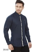 Davos Men's Solid, Self Design Casual Dark Blue Shirt