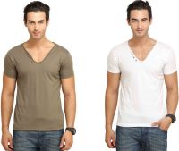 Fio Solid Men's V-neck Brown, White T-Shirt(Pack of 2)