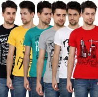 Grand Bear Printed Men's Round Neck Black, Green, Red, Yellow, Grey, White T-Shirt(Pack of 6)