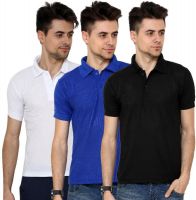 Grand Bear Solid Men's Polo Neck White, Black, Blue T-Shirt(Pack of 3)