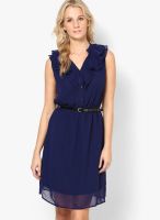 Harpa Navy Blue Colored Solid Shift Dress