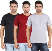 Heartin Beat Solid Men's Round Neck Maroon, Grey, Black T-Shirt(Pack of 3)