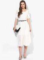 JC Collection White Colored Solid Skater Dress